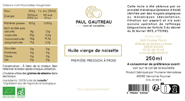 Huile de noisettes 25cl Paul Gautreau